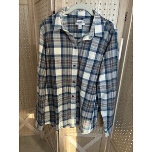 LL BEAN Womens LARGE Scotch Plaid Flannel Relaxed Fit Button Up Shirt